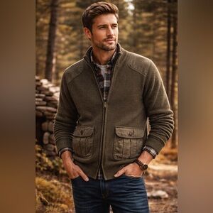 Fossil Zip-Up Wool Blend Army Green Sweater Jacket – Men’s L (54) **